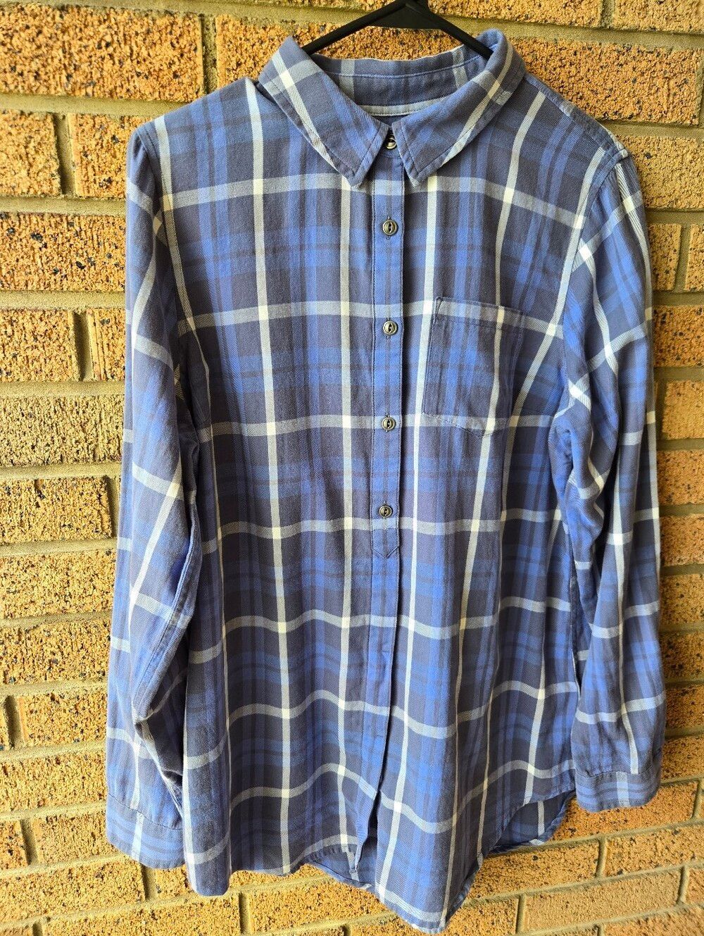 L.L. Bean Blue Plaid 100% Cotton Popover Flannel Shirt - Size Medium